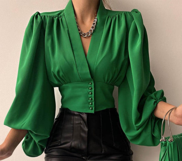 Stilla | Romantisk V-hals lanternemansjett bluse top