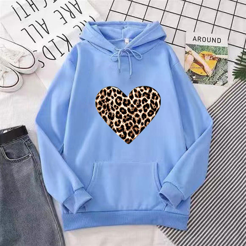 Dame hætte sweatshirt med hjerteformet leopardmønster Skovae