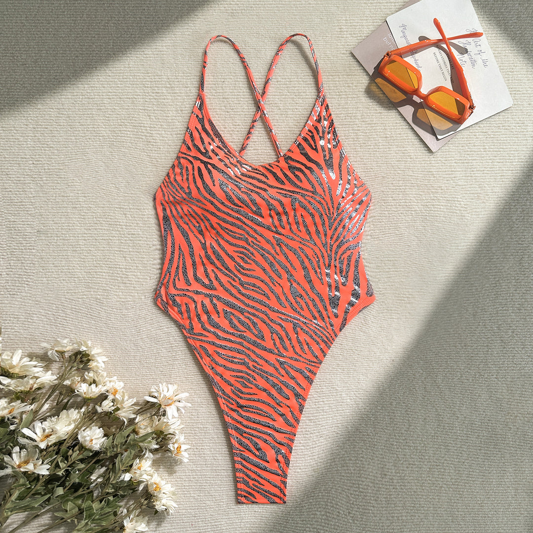 Dame Éntal Badebadedragt med elegant zebrastribedesign og høj benudskæring Stilla