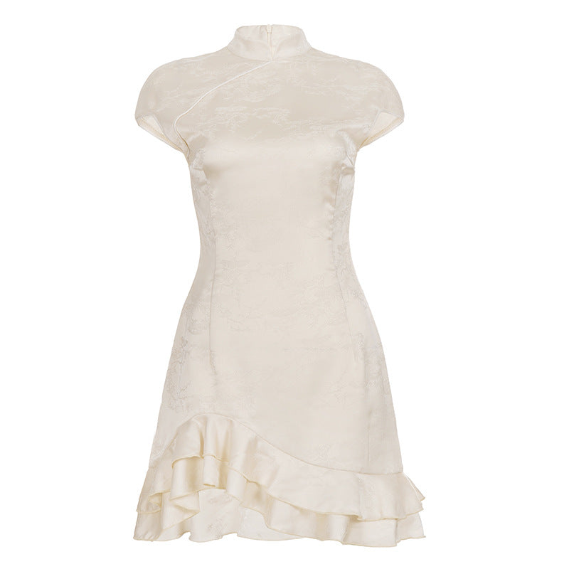 Dame elegant wrap dress with romantic ruffle hem and high collar Skovae