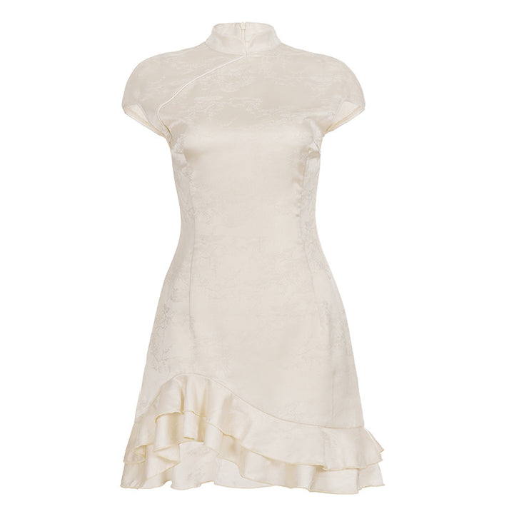 Dame elegant wrap dress with romantic ruffle hem and high collar Skovae