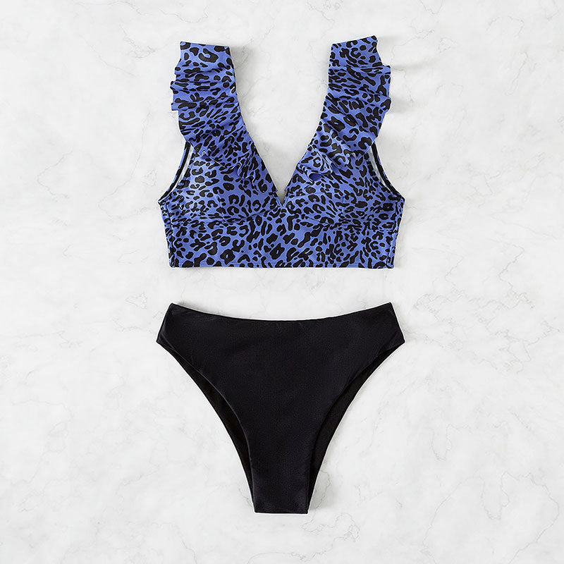 Dame triangel-bikini med moderne leopardmønster og volantdetaljer Skovae