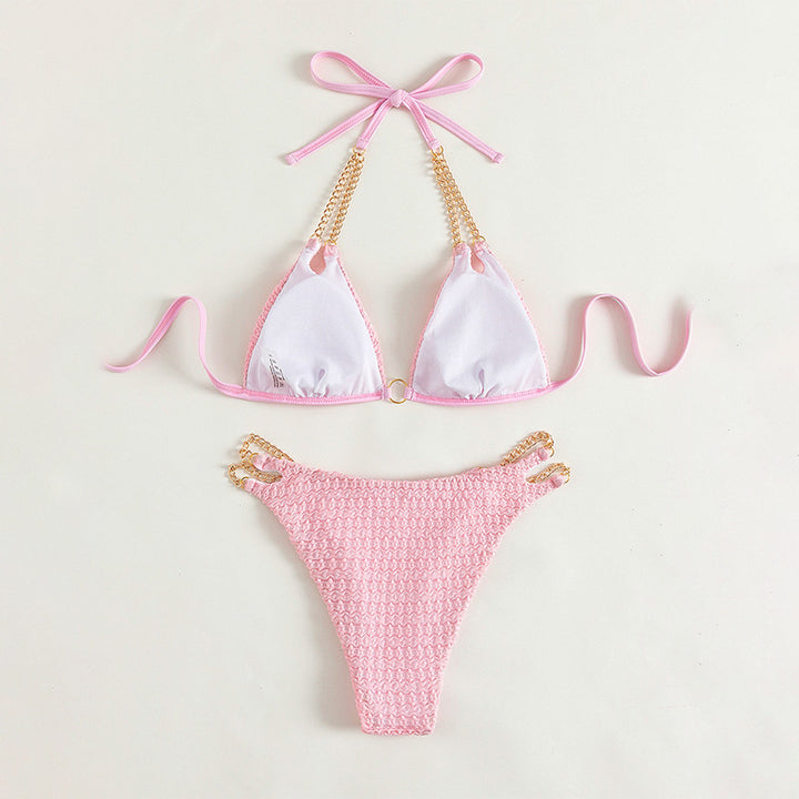 Dame triangel-bikini med raffinerede kædeaccentuer og højkvalitets ribstruktu Skovae