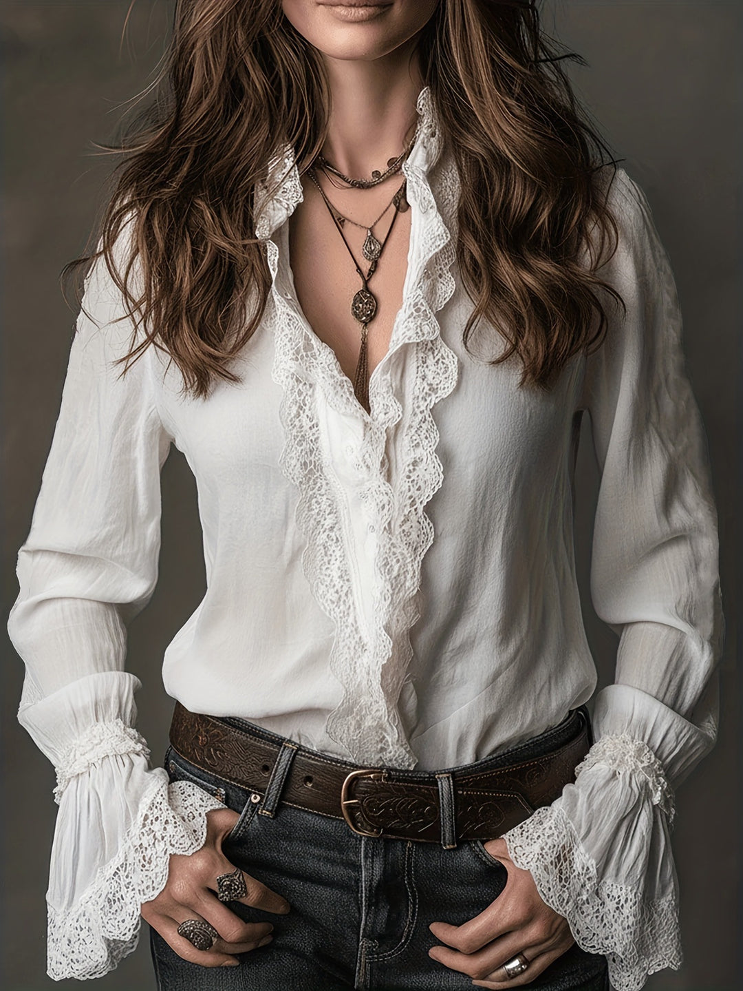 Dame elegant blouse med flæsedetaljer og blondebesætning Skovae