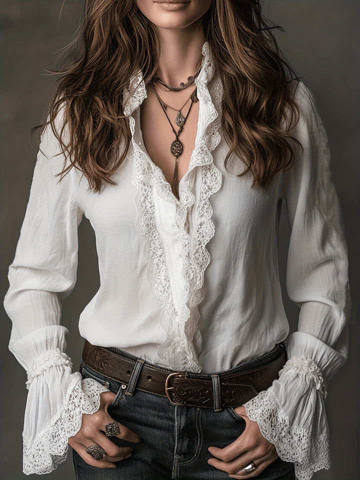 Dame elegant blouse med flæsedetaljer og blondebesætning Skovae