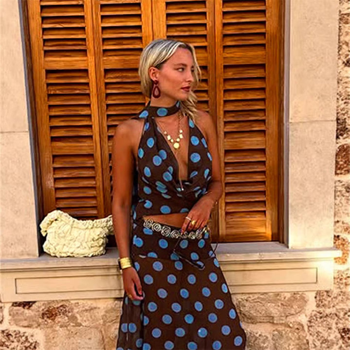 Dame Halter-Top med justerbar snørlås og legende prikmønster Skovae