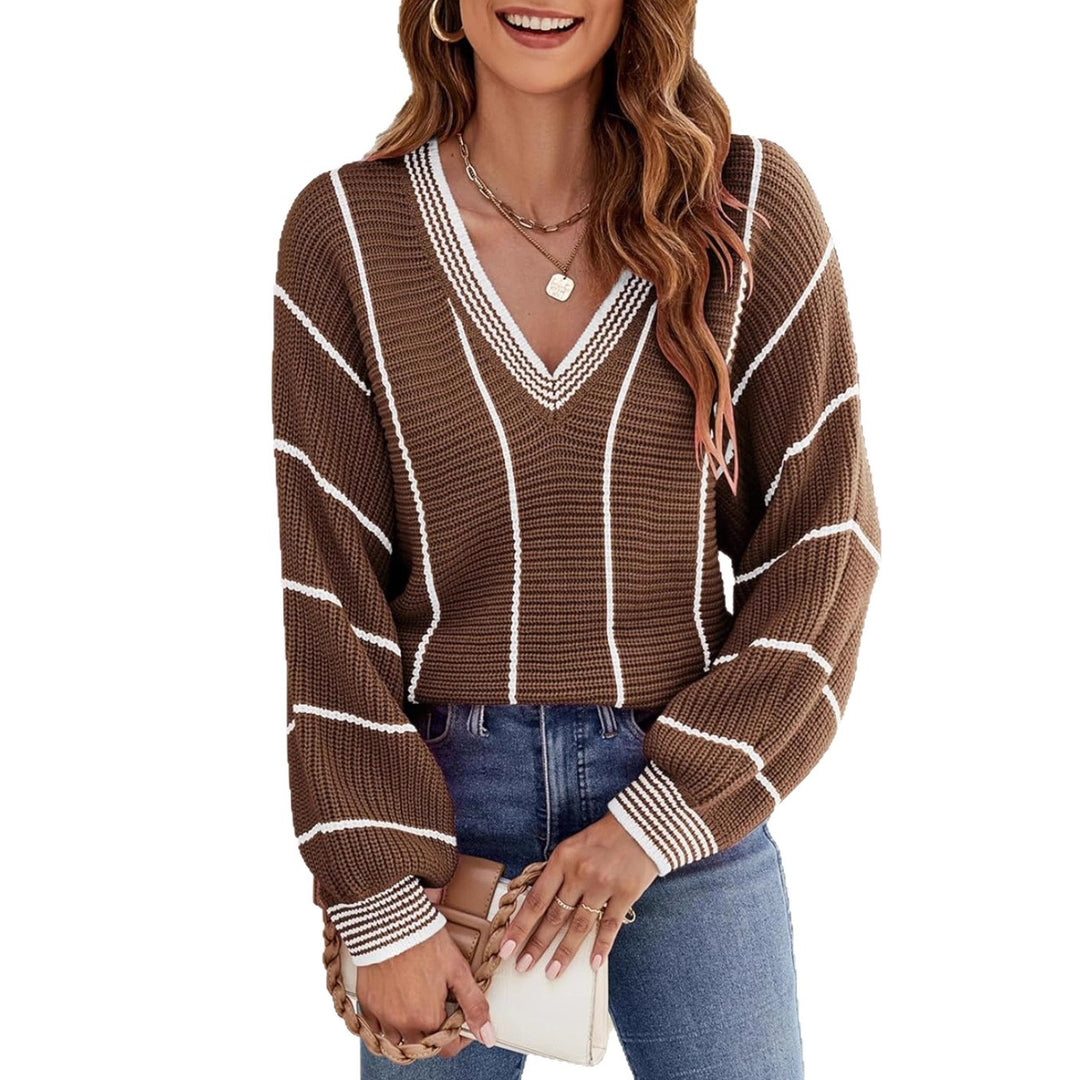 Damer Stilfuld Sweater med V-Hals og Stribet Design Stilla