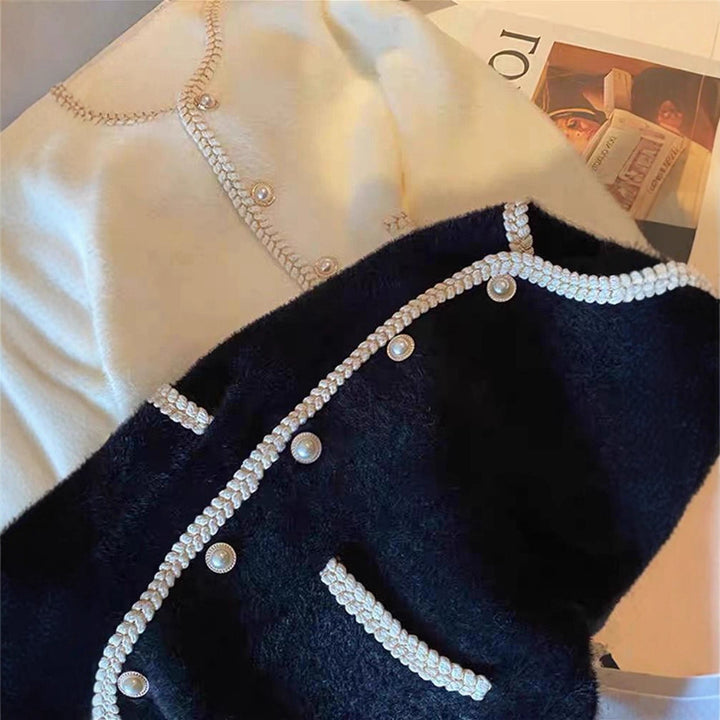 Dame Elegant Cardigan med Perle Dekorationer Stilla