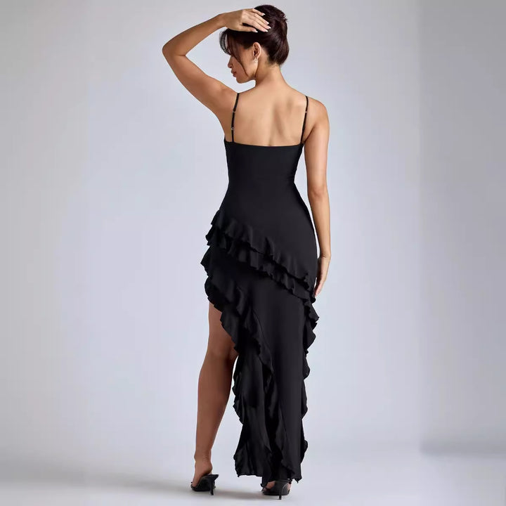 Damer Elegant Maxi Kjole med Voluminøse Ruffle Detaljer og Sexet Slids
