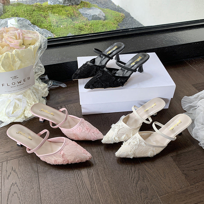 Dame Snøre-Spidse Slingback Pumps med blomstermotiver Stilla