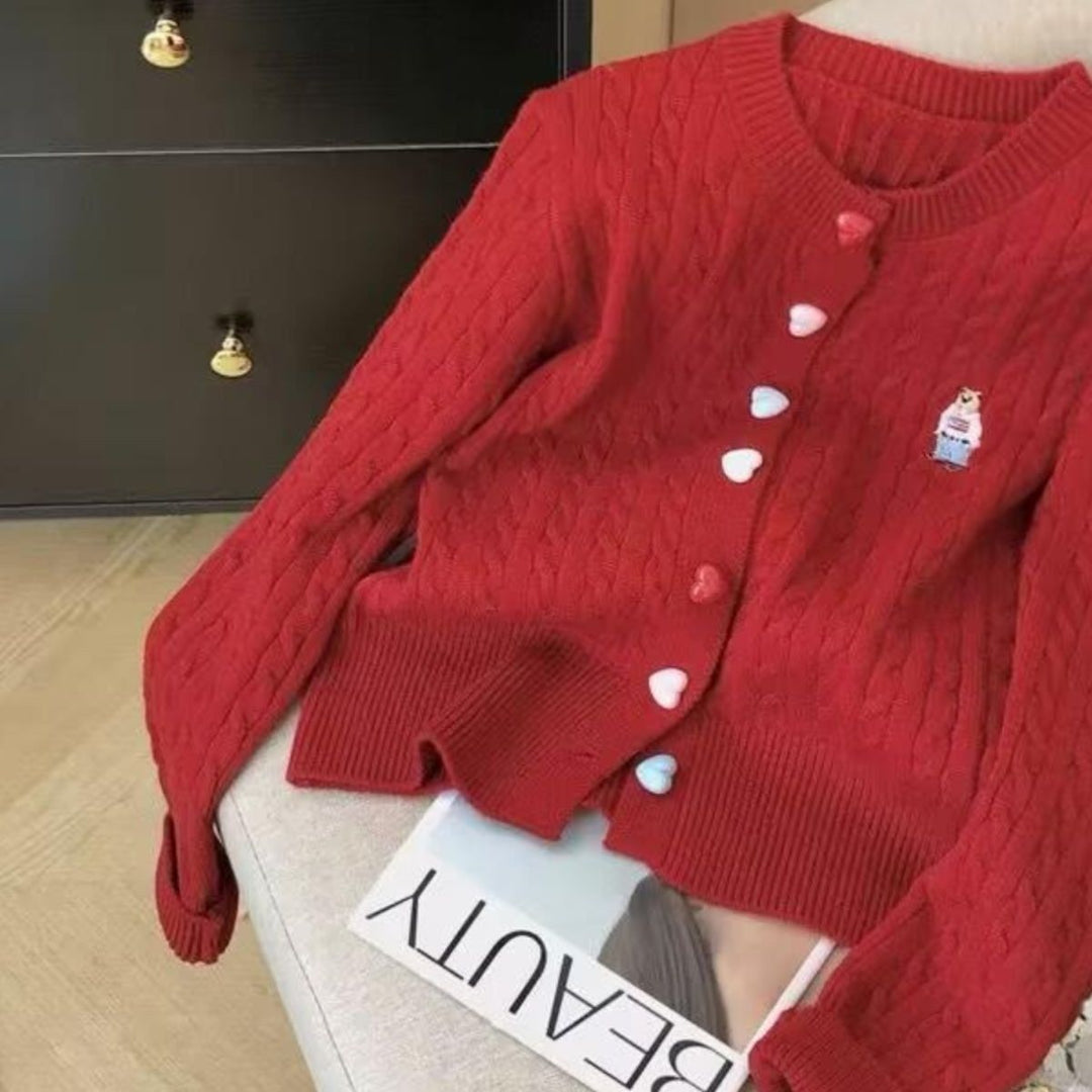 Kvinders fashionable cardigan med hjerteknapper og mønster over det hele Stilla