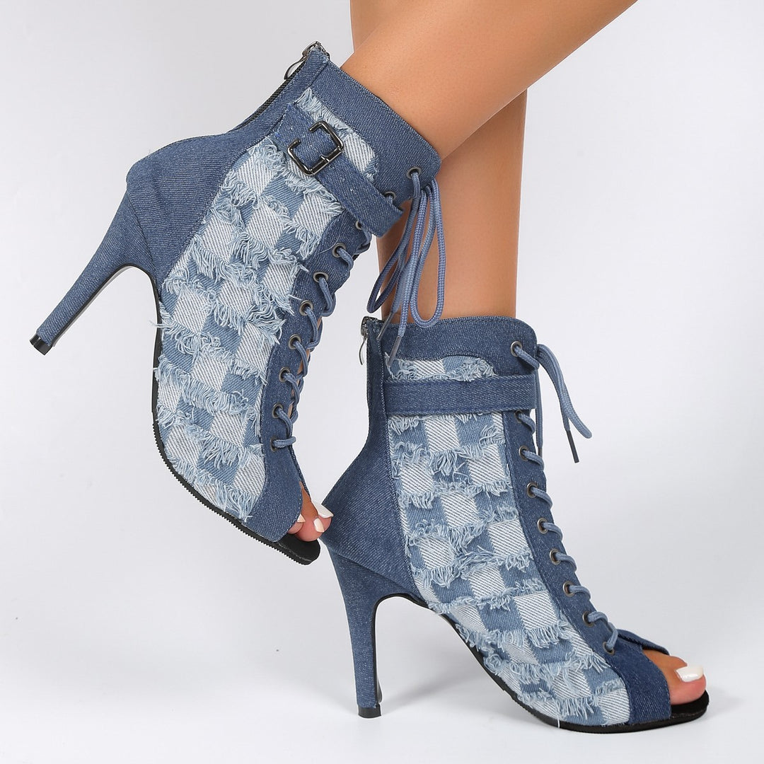 Damer højhælede snørestøvler med elegante detaljer i denim Stilla