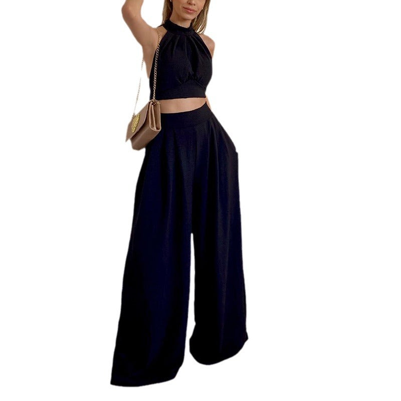 Dame Halterneck Crop Top og brede Bukser Sæt Stilla
