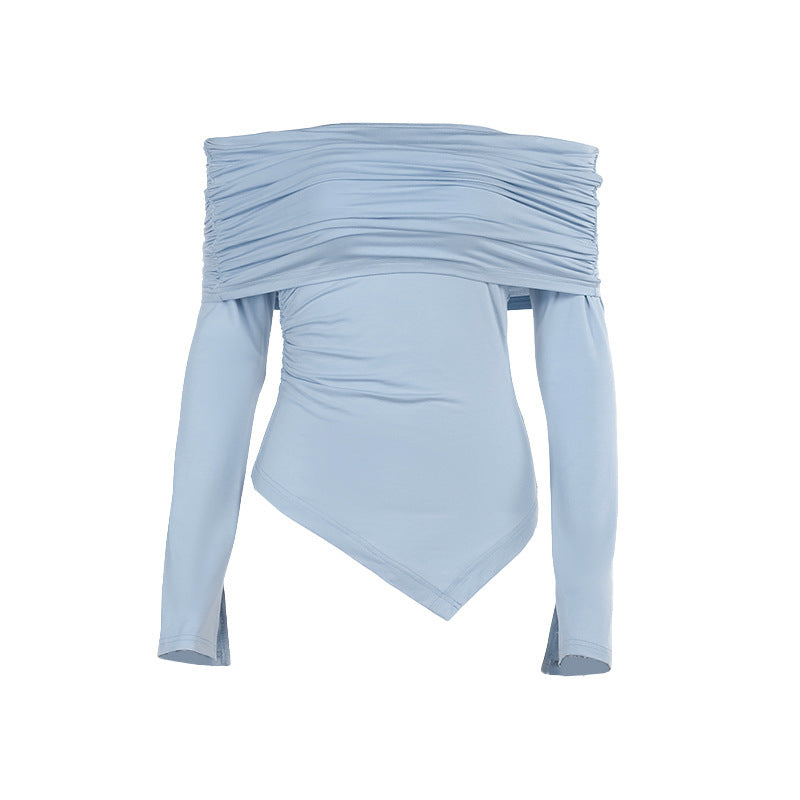 Dame skulderfri top med ruffles detaljer og asymmetrisk søm Skovae