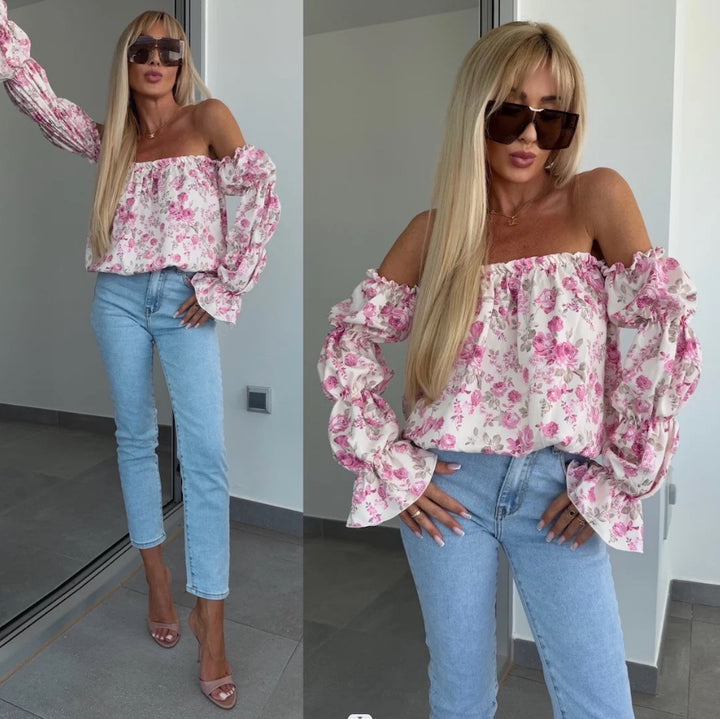 Dame Off-Shoulder Blomster Puffærmer Top Stilla