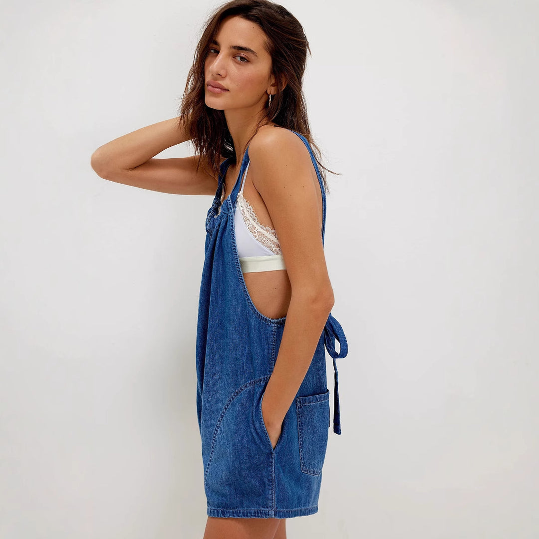Kvinders denim shorts overalls med samlet halsudskæring og sidelommer Stilla