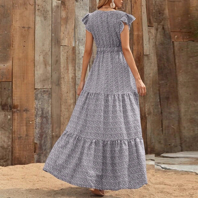 Dame Maxi-Kjole med blomstret design og voluminøst skørt Stilla