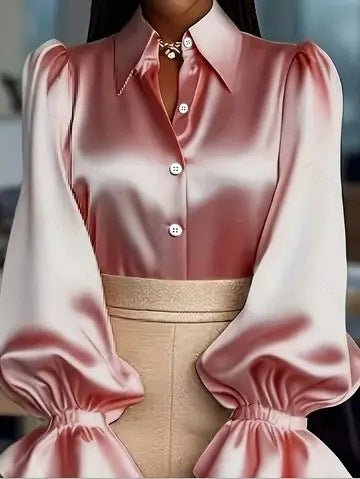 Dame elegant silke bluse med puffærmer og flot knapliste Skovae