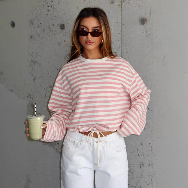 Dame afslappet stribet crop-pullover med snor Stilla