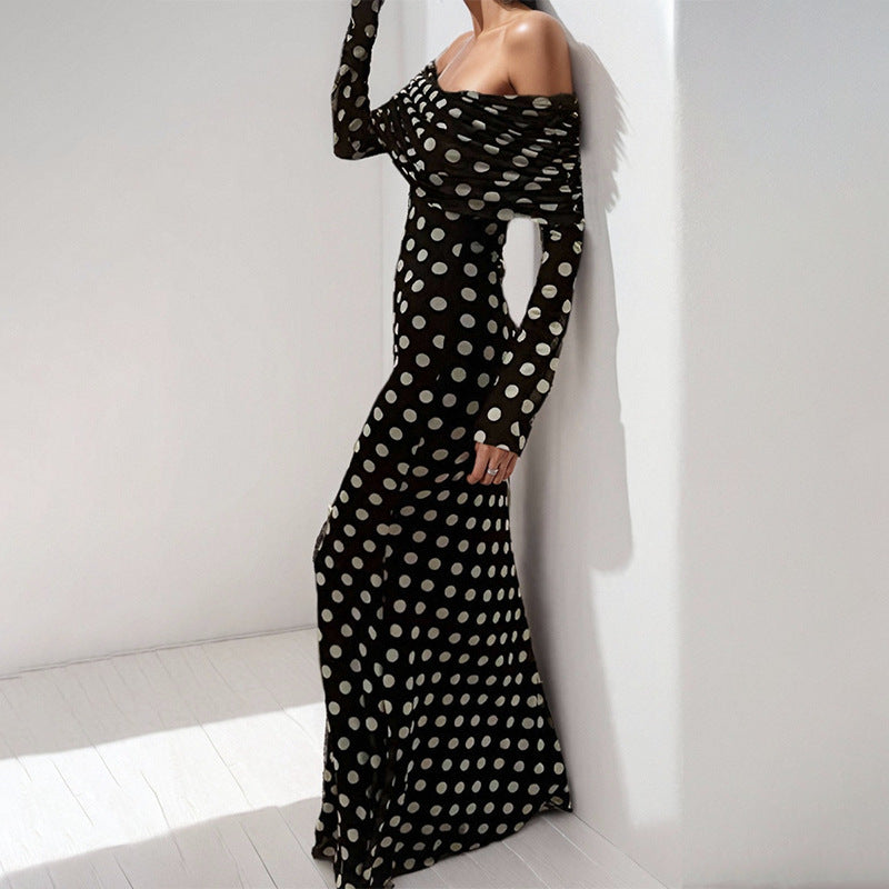 Dame Maxikjole med asymmetrisk Off-Shoulder-udskæring og Polka-Dot mønster Stilla