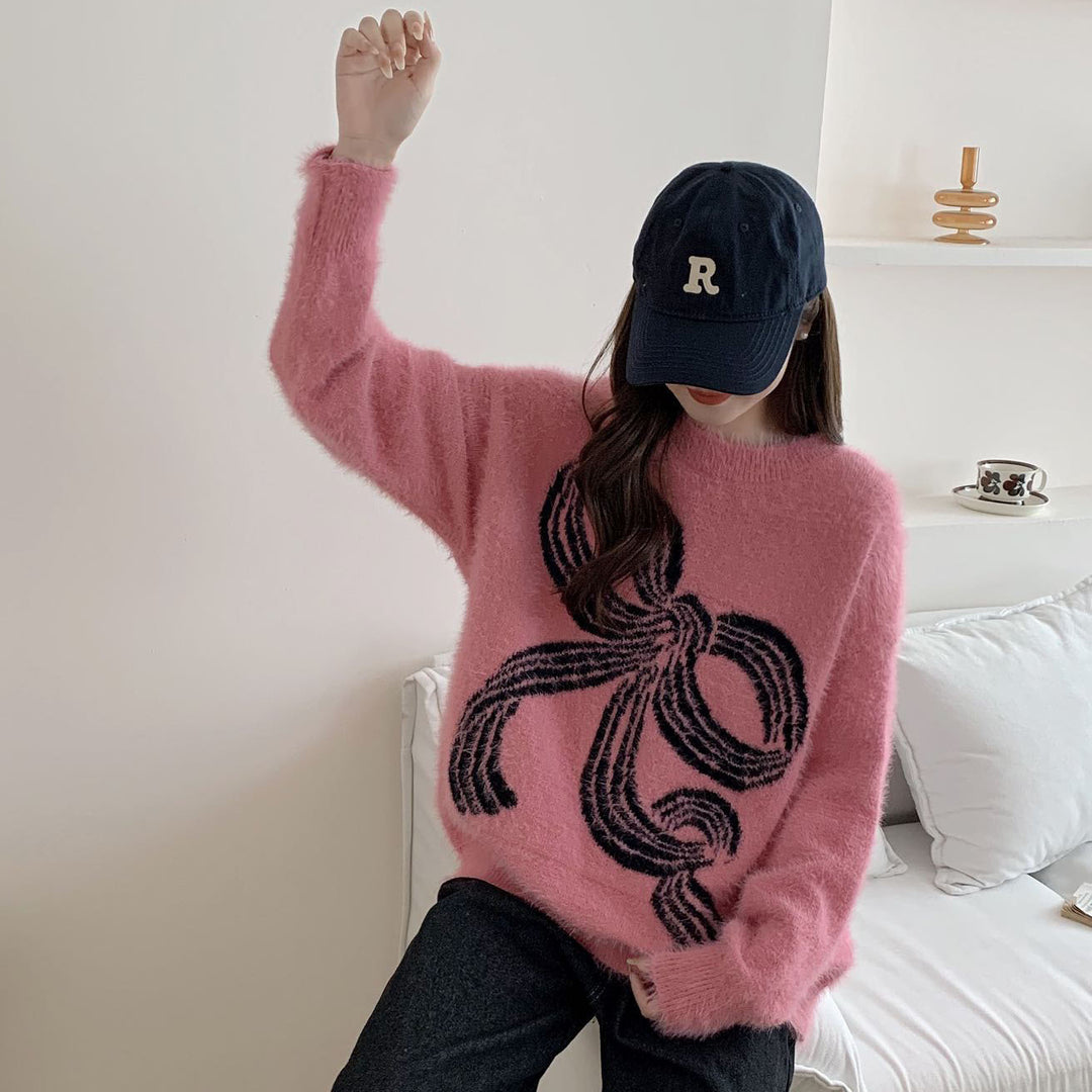 Kvindernes hyggelige sweater med dekorativ sløjfe mønster