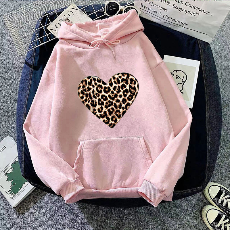 Dame hætte sweatshirt med hjerteformet leopardmønster Skovae