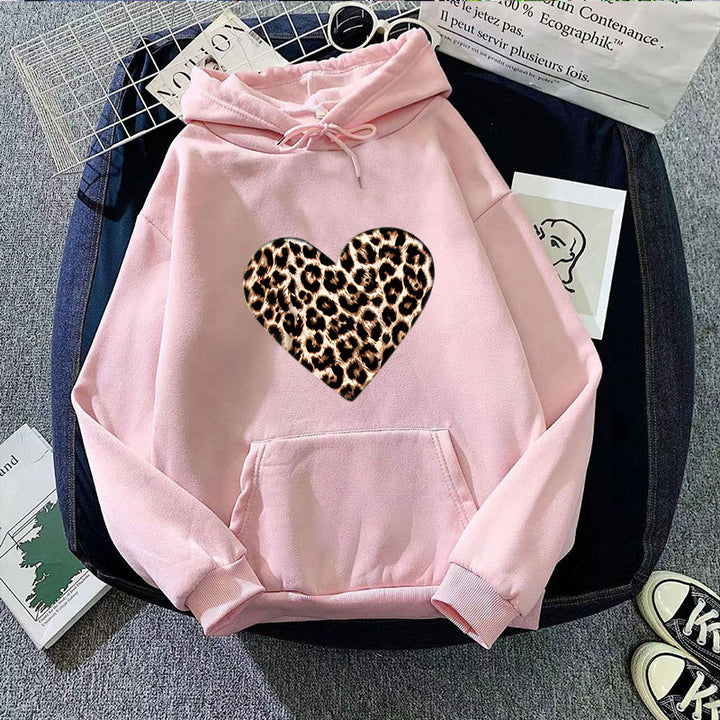 Dame hætte sweatshirt med hjerteformet leopardmønster Skovae