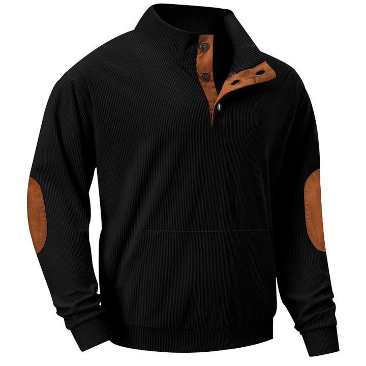 Herrer nan ribbet rullekrave sweater med knaplukning, kengurulomme og ruskindsalbuepatche Skovae