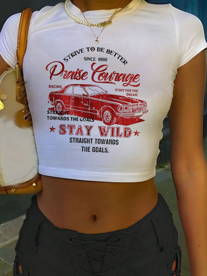Dame Crop-T-Shirt med kunstnerisk blodtryksdesign Skovae