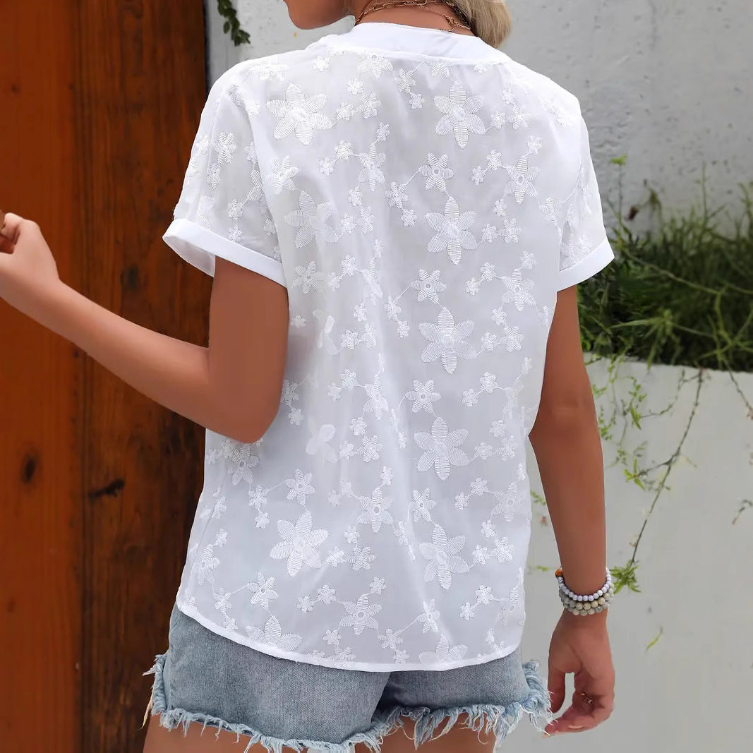 Dame bluse top med blomsterbroderi og knapdetalje Stilla