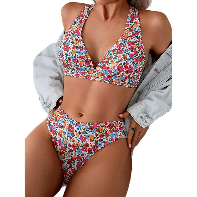 Dame bikini sæt med blomsterdesign og høj talje Skovae