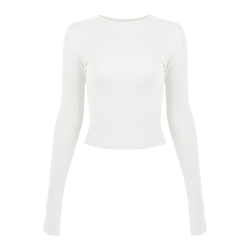 Dame figursyet Langærmet Crop-Top i høj kvalitets strækmateriale med Rundhalsudskæring Stilla
