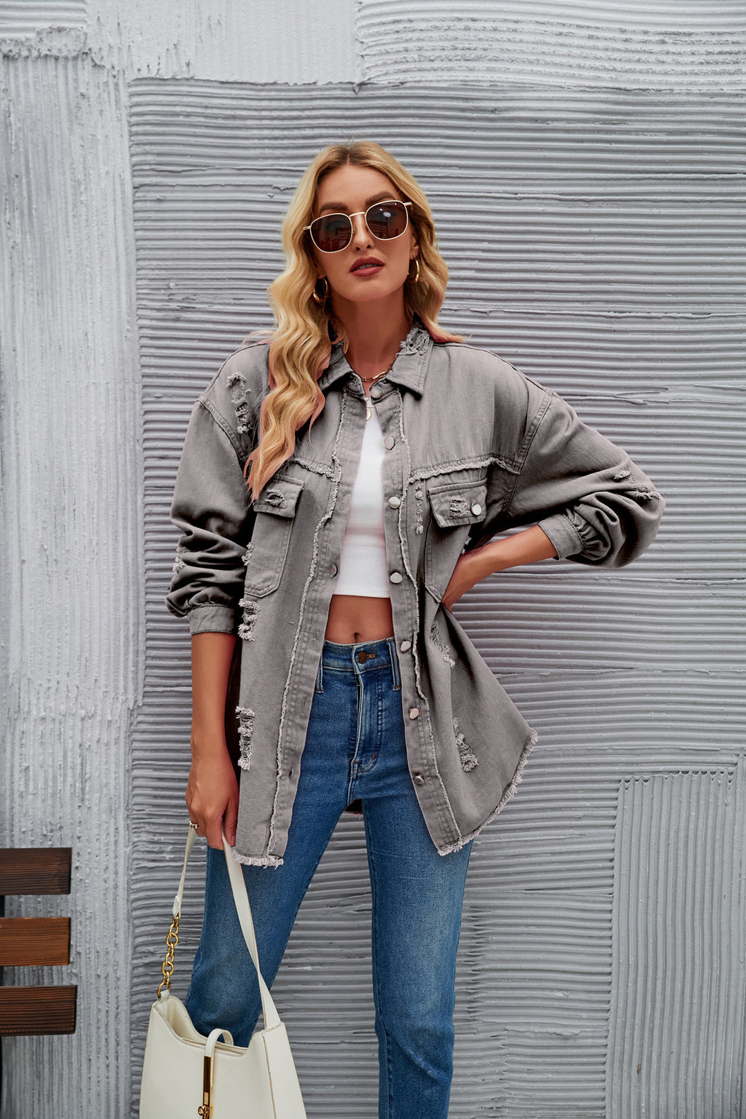 Dame Oversized Denim-Skjortejakke med frynse-detaljer Stilla