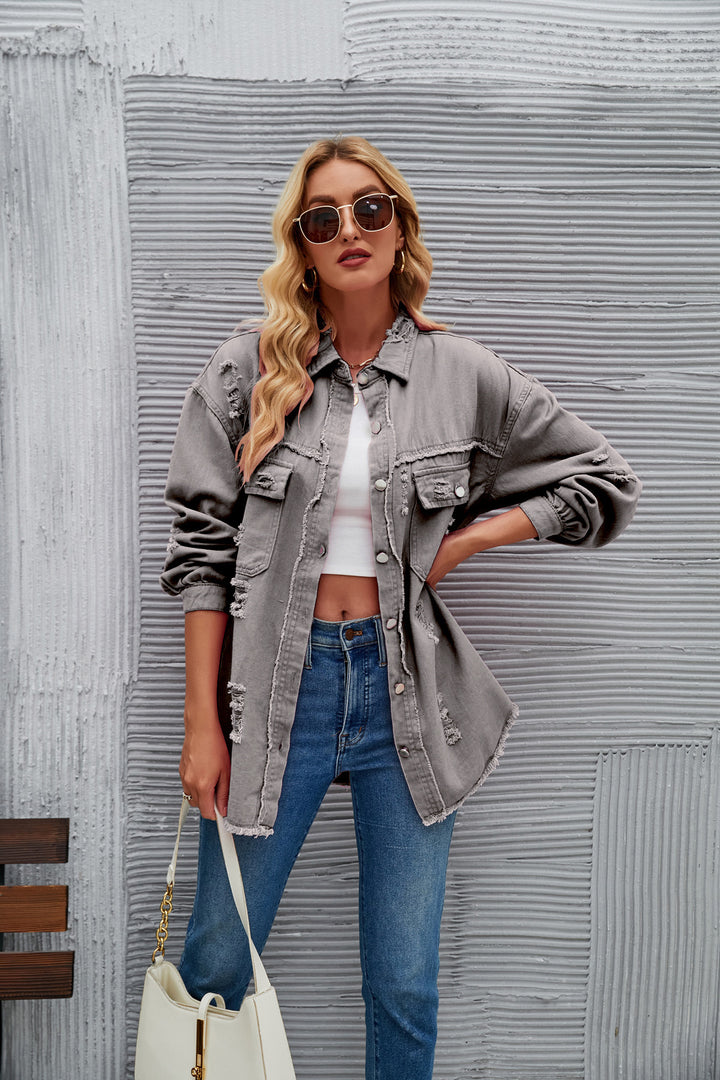 Dame Oversized Denim-Skjortejakke med frynse-detaljer Stilla
