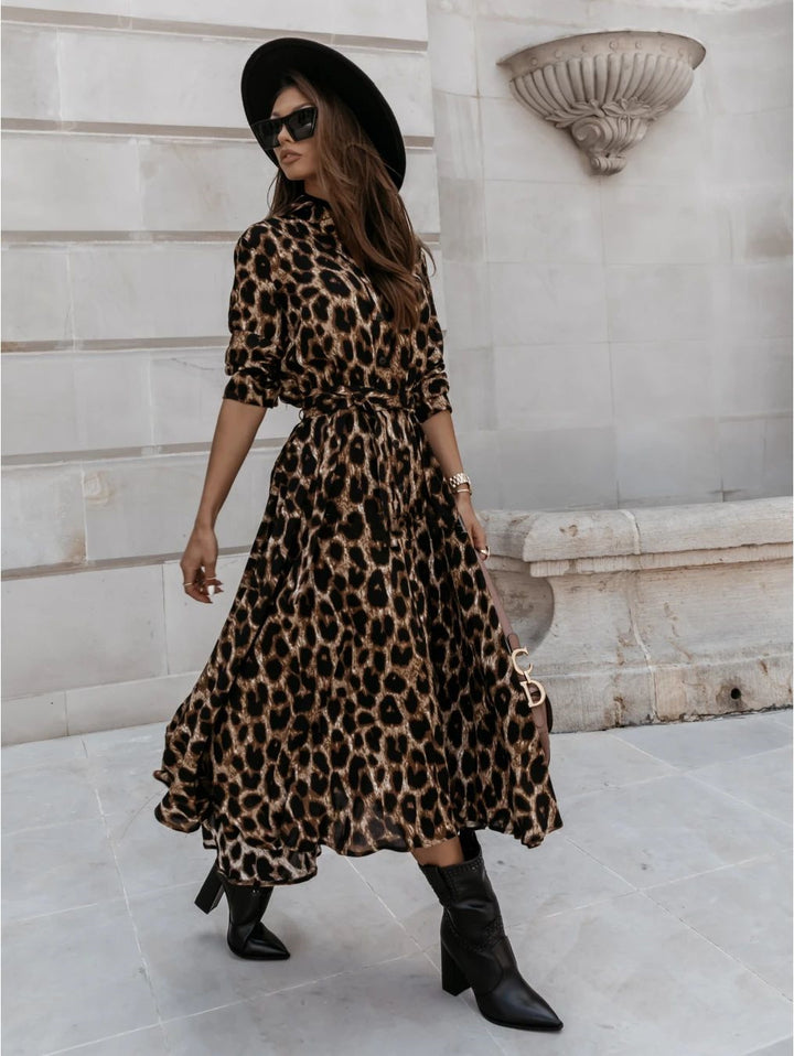 Dame Leopardprint Midi Skjortekjole Stilla