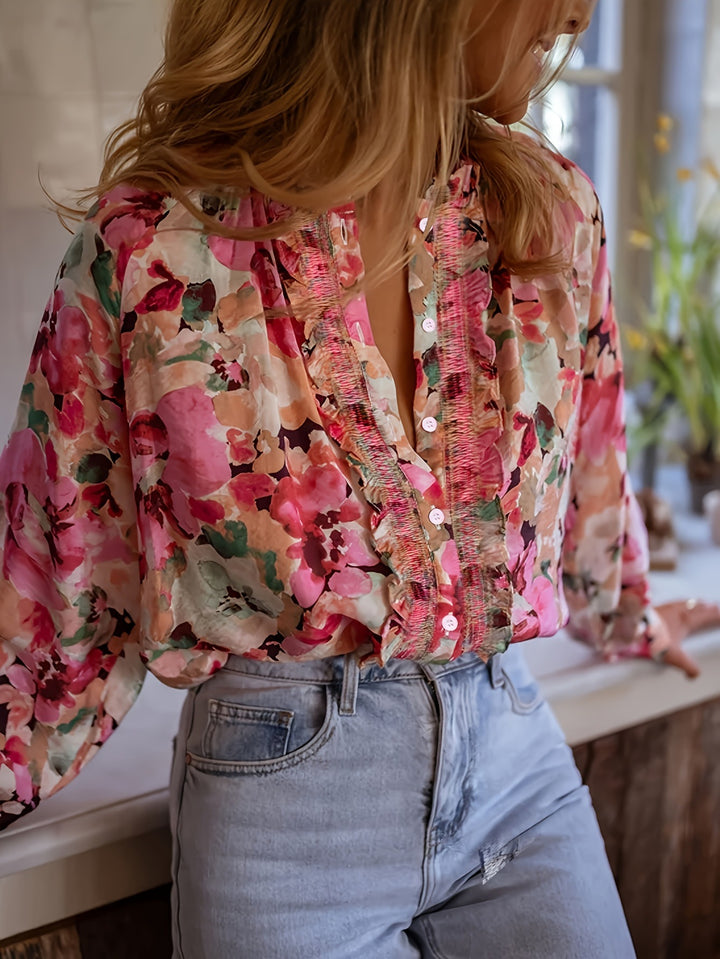 Dame Floral Print Button-Up Bluse med Rüschendetails Stilla