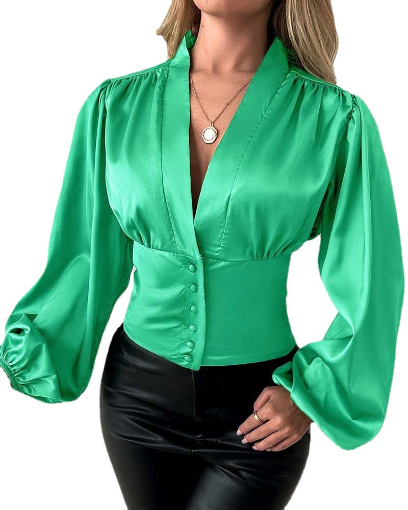 Dame Elegant Silke Bluse med dyb V-udskæring og Flæseærmer Stilla