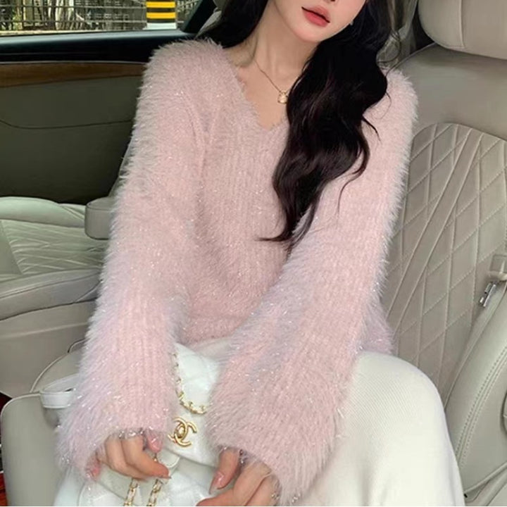 Dame hyggelig V-hals sweater med glitrende tråd Stilla