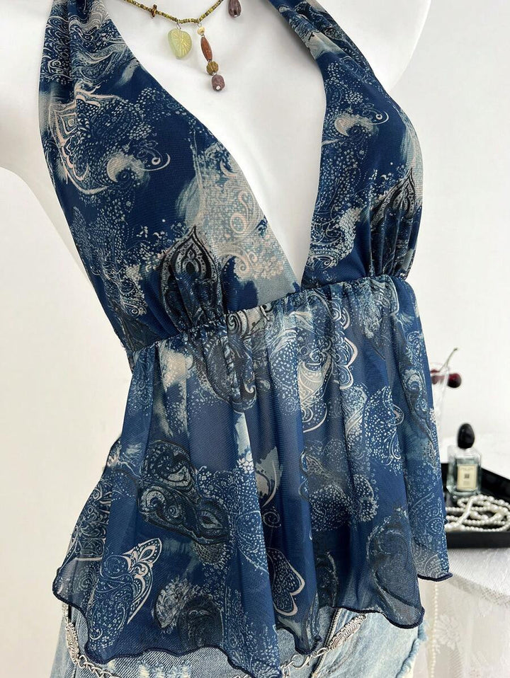 Damer luftig bluse top i halterneck design med blomstertryk Skovae