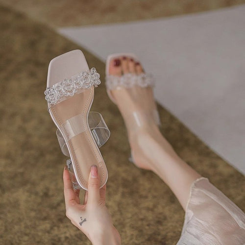 Dame elegante sandaletter med gennemsigtigt bånd og glitrende krystalblomster Stilla