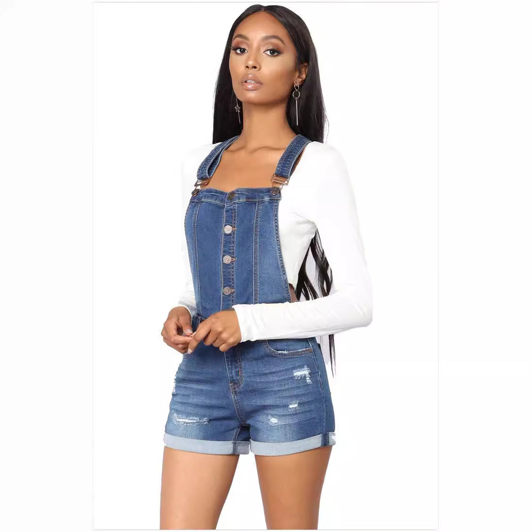 Dame Jeans-suspendershorts med stilfulde ødelagte detaljer og justerbare stropper Stilla