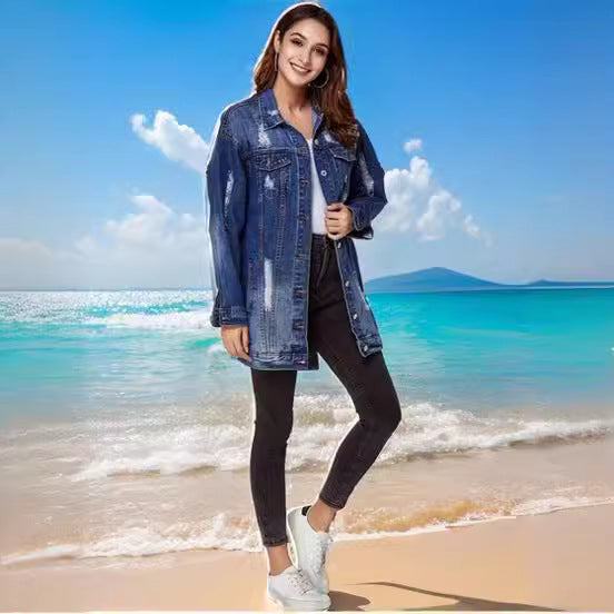 Dame Oversized Denim-jakke i vintage-look med destroyed-detaljer Stilla