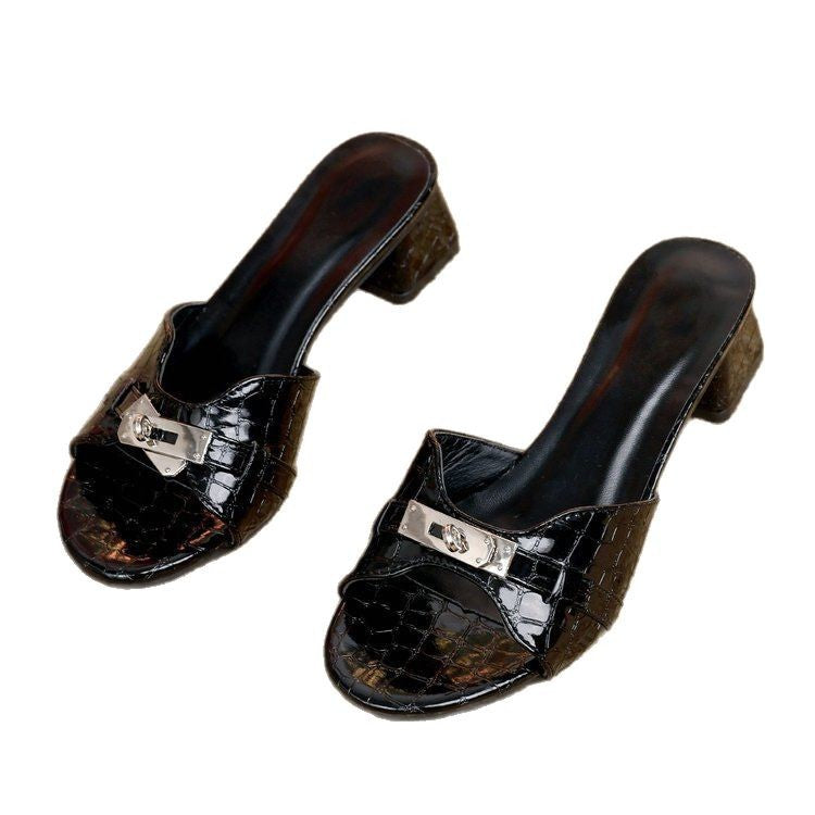 Dame elegante mules med dekorativt smykke og komfortabel klods hæl Stilla
