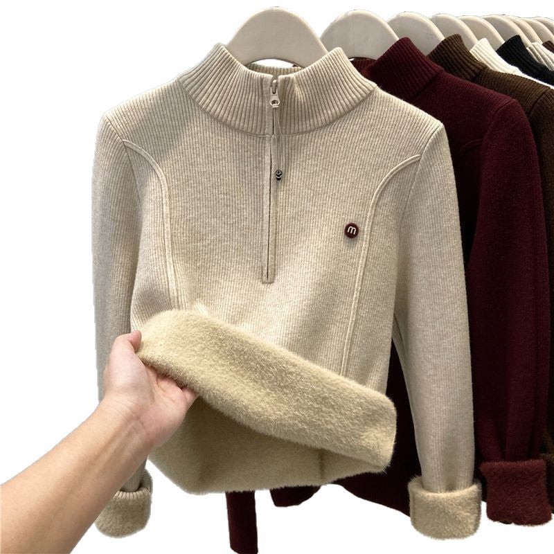 Kvinders strikket pullover med opretstående krave og lynlås Stilla