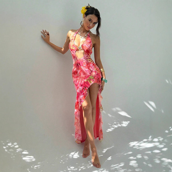 Dame Maxi kjole med elegant cut-out design og blomster accenter Skovae