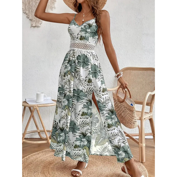 Dame maxikjole med blomsterdesign og blonde-applikationer Stilla