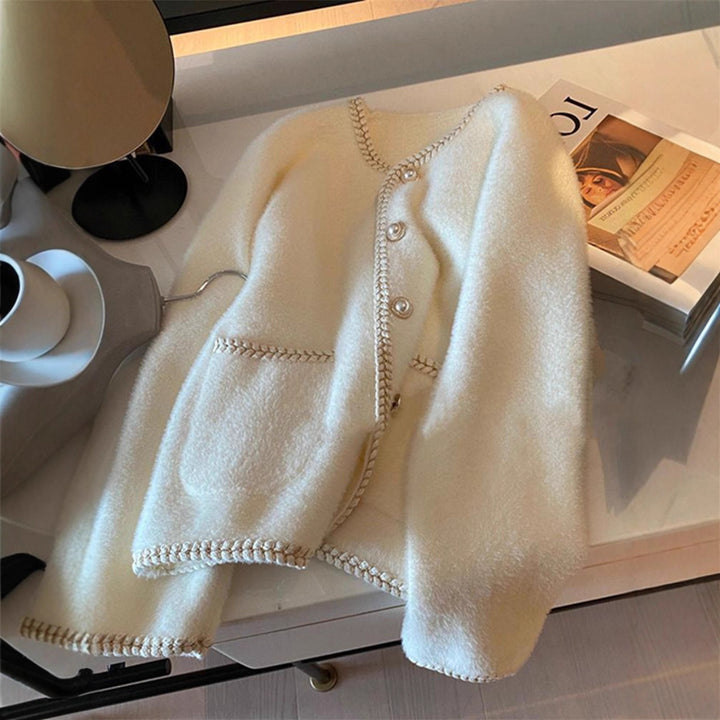 Dame Elegant Cardigan med Perle Dekorationer Stilla