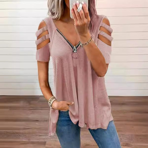 Dame T-shirt med dekorative cut-outs og lynlåsdetalje Stilla