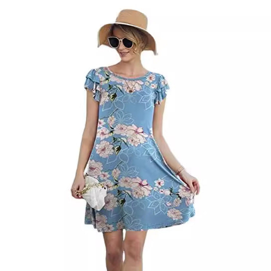 Kvindernes sommerblomstret kjole med ruffles og flagrende nederdel Stilla