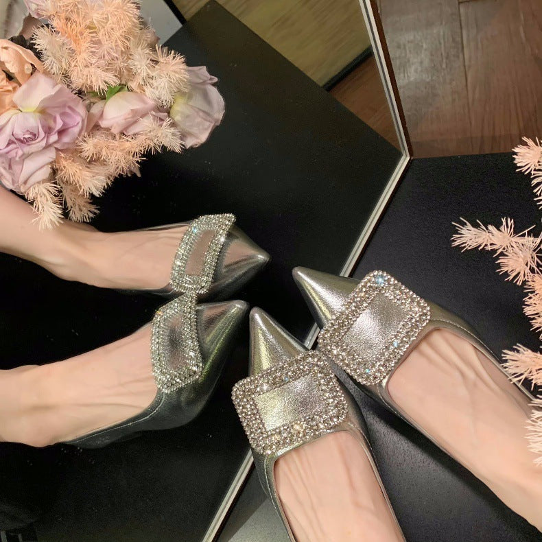 Dame Elegant Spids-Tå Ballerinaer med Krystal-Detalje Stilla